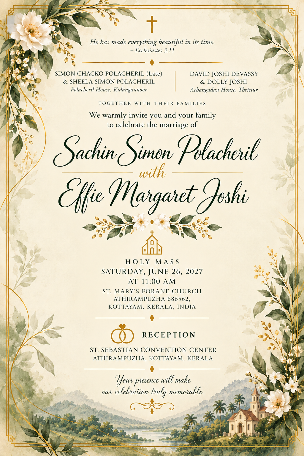 Wedding invitation: Sachin Simon Polacheril and Effie Margaret Joshi. Holy Mass Saturday June 26, 2027 at 11 AM at St. Mary's Forane Church, Athirampuzha. Reception at St. Sebastian Convention Center, Athirampuzha.