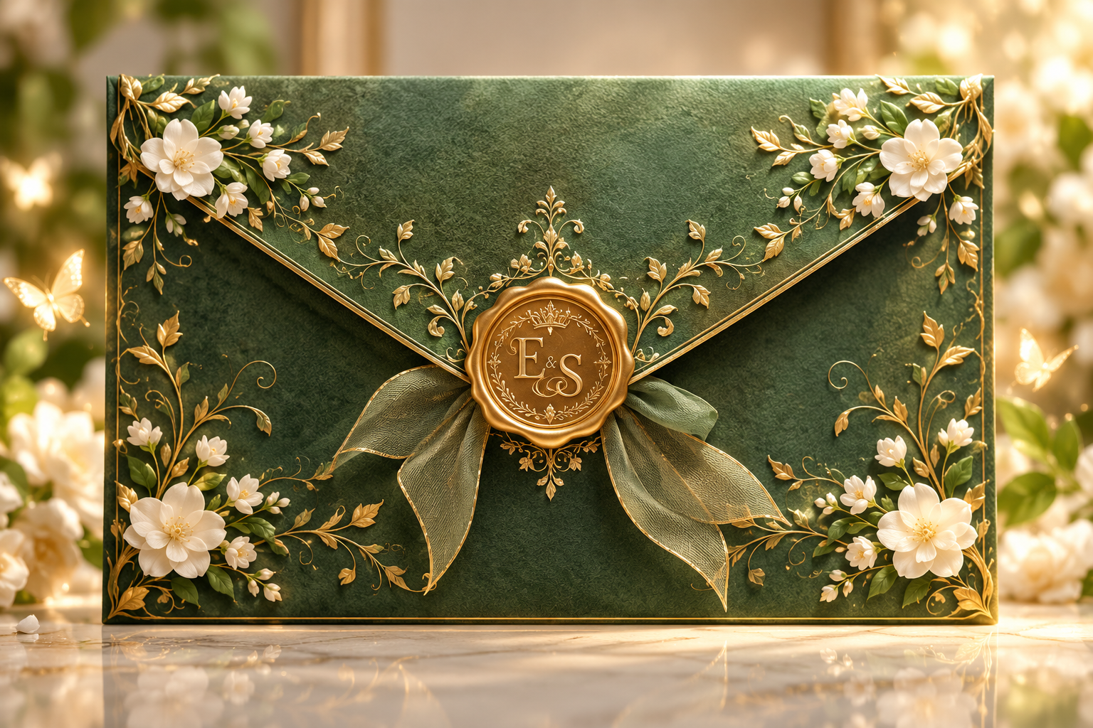 Emerald green wedding envelope decorated with white flowers, golden vines, and E and S wax seal